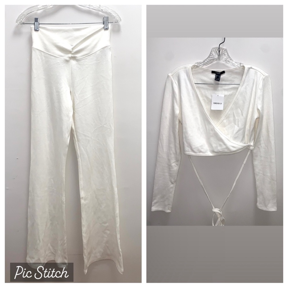 Forever21 Ivory Knit Tie V/Neck Top - Bell Pant Outfit Size Medium